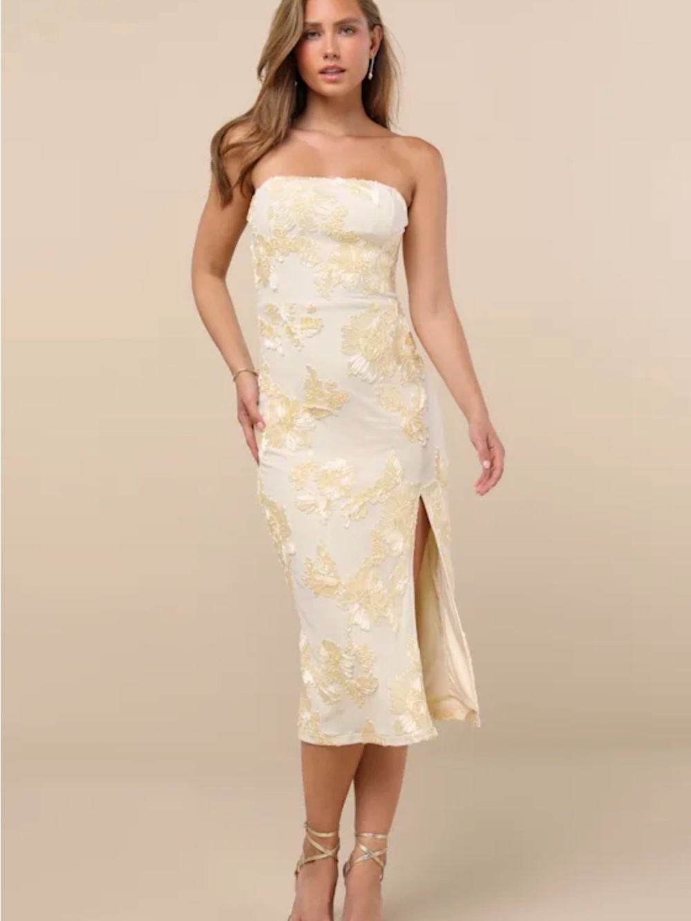 Kattalin Cream Floral Appliqué Strapless Midi Dress